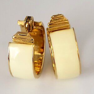 Vintage MONET Hoop Clip On Earrings Ivory Color Enamel 3/4"